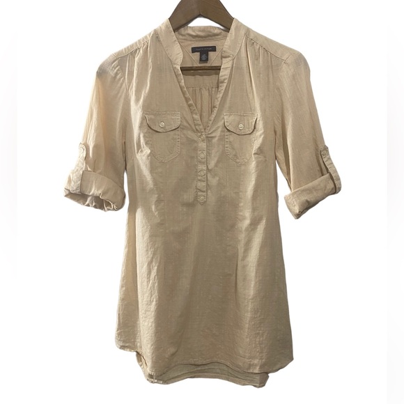 Tommy Hilfiger Tops - Tommy Hilfiger Neutral Gauzy Tunic Top Convertible Roll Tab Sleeves Womens Small